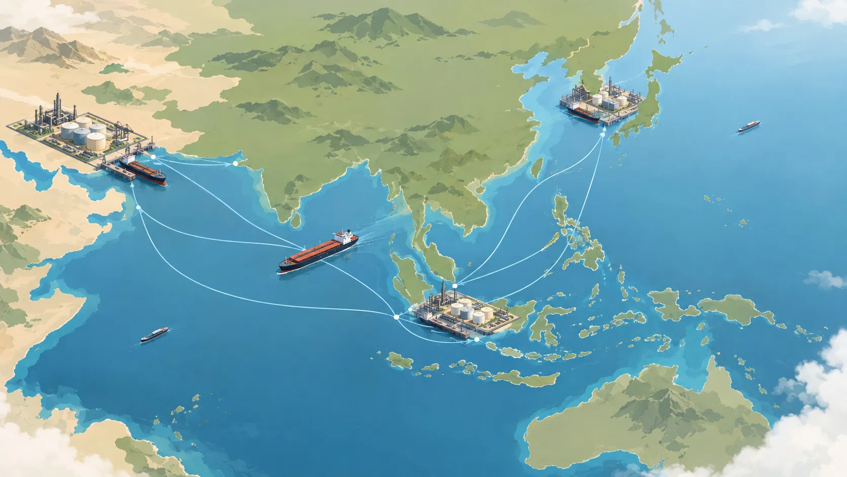 Illustration of Asian maritime supply routes connecting bitumen export hubs and regional buyers