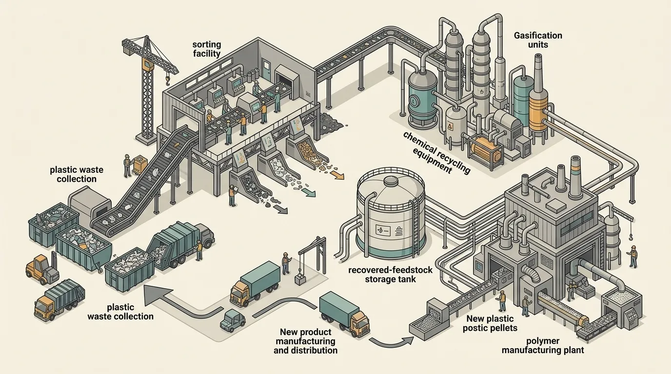 Circular plastics supply chain connecting plastic waste collection, chemical recycling and polymer production
