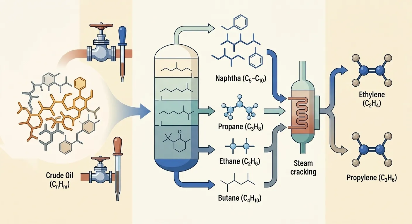 Crude oil to petrochemical feedstock and chemical production chain