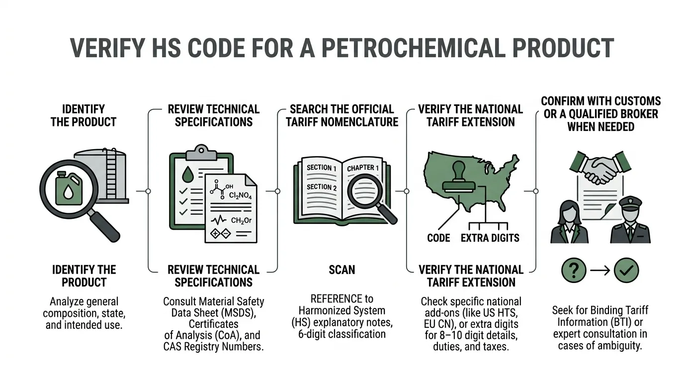 Technical flowchart showing the steps for verifying an HS code for a petrochemical product