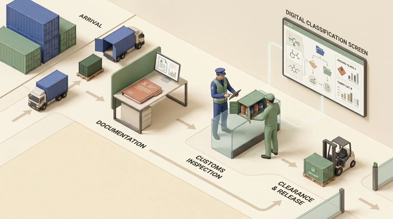 Isometric illustration of customs clearance and shipping documentation for an international petrochemical shipment