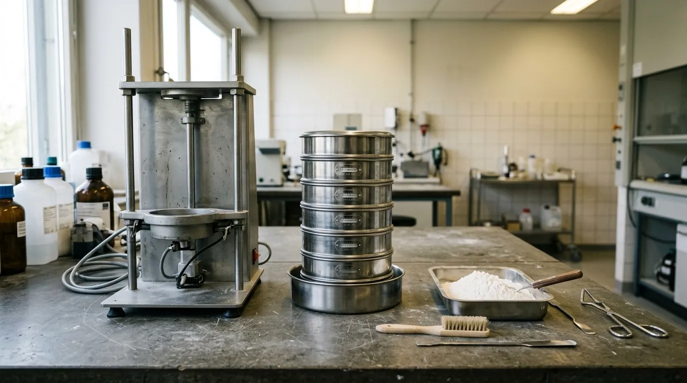 Photorealistic industrial mineral testing laboratory with stainless steel sieve analysis equipment and calcium carbonate powder