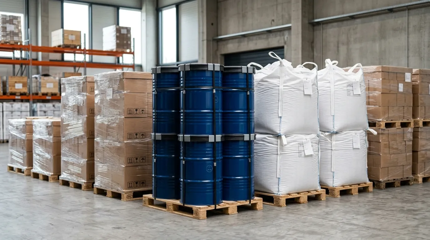 Industrial products prepared in drums and jumbo bags for export shipment