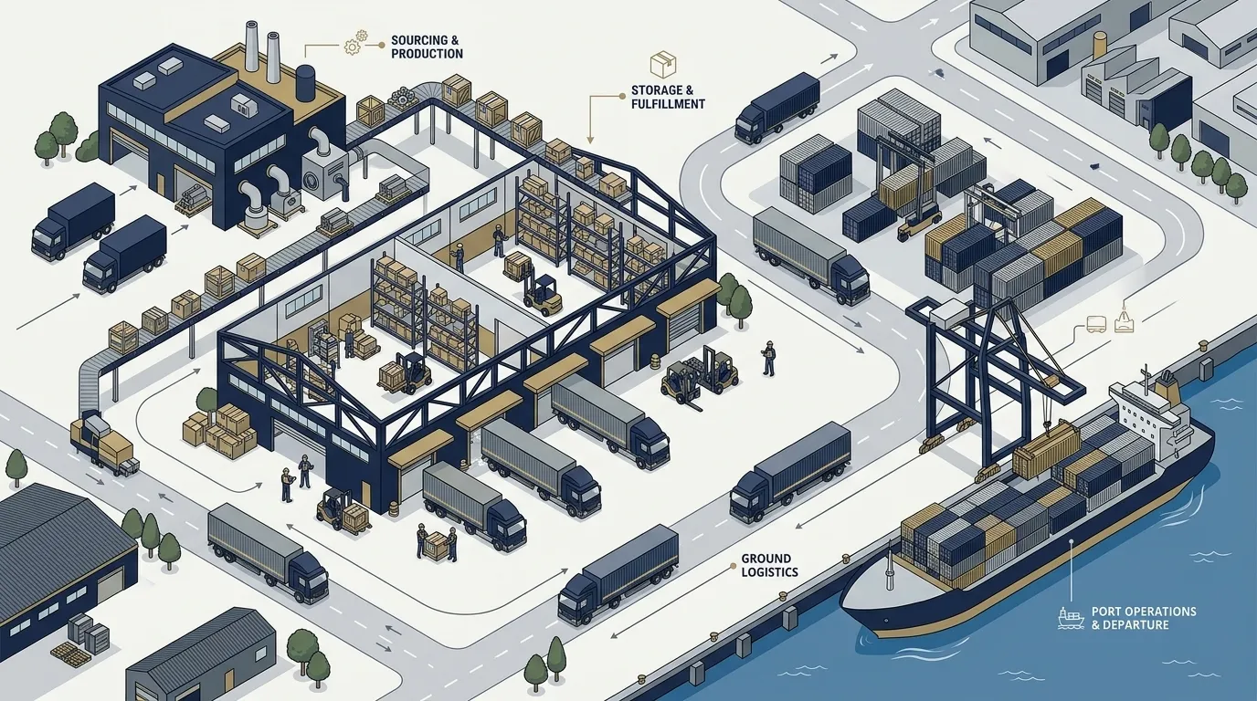 Industrial sourcing and logistics network connecting suppliers warehouses and international cargo