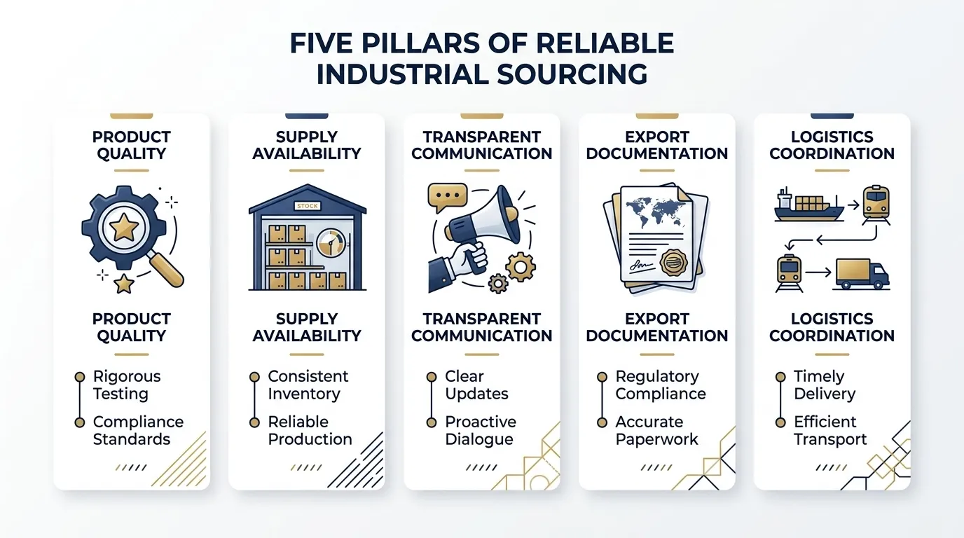 Key criteria for evaluating an industrial supplier including quality logistics and documentation