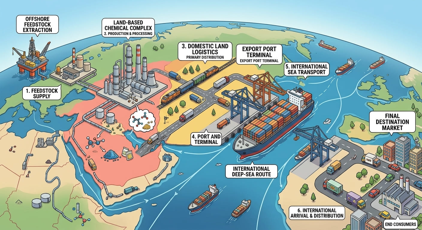 Iranian petrochemical supply chain from supplier to international destination