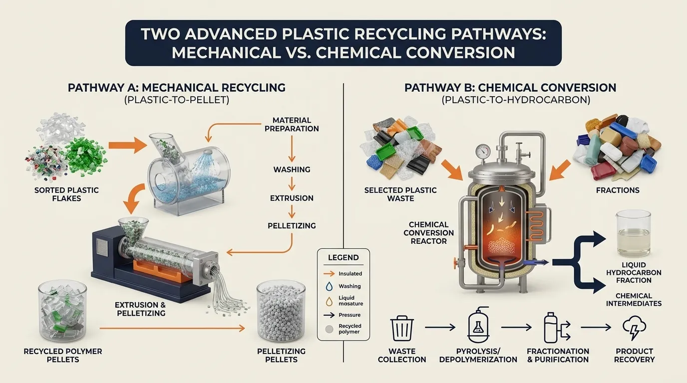 Visual comparison of mechanical plastic recycling and chemical recycling outputs