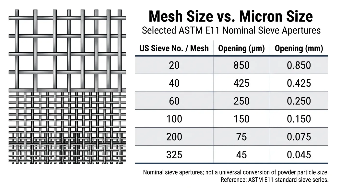 ASTM E11 reference chart comparing nominal sieve mesh designations with aperture sizes in microns and millimeters
