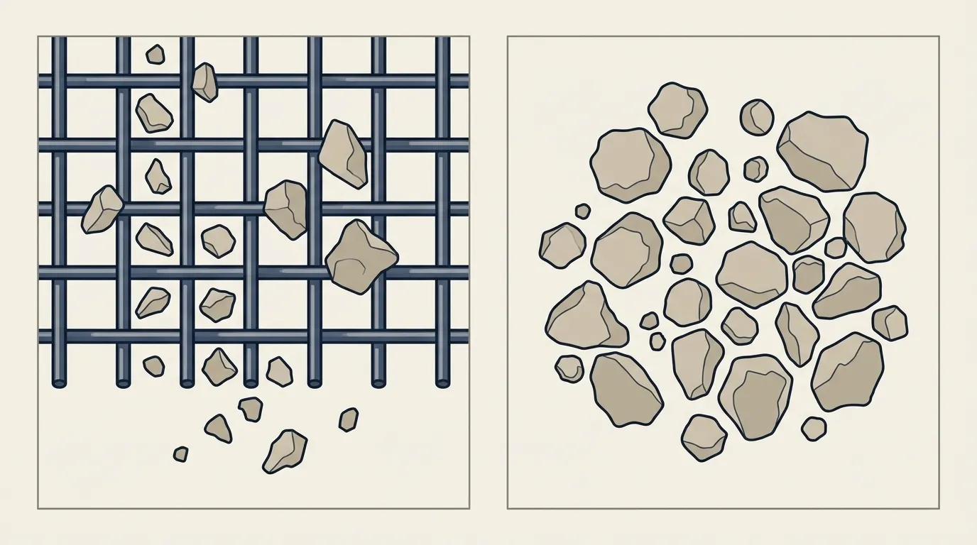 Two-dimensional technical illustration distinguishing woven sieve aperture from measured mineral particle diameter in microns