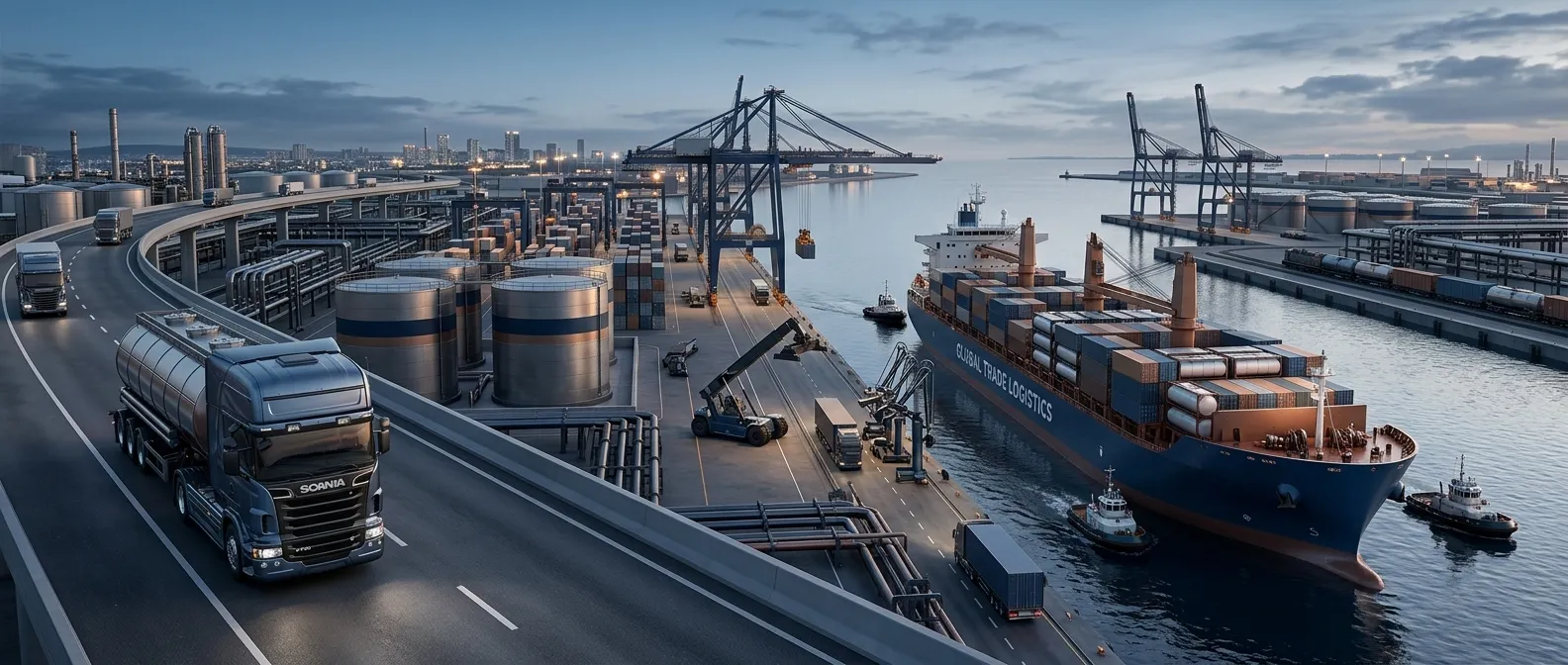 Multimodal transportation connecting road freight, ports and ocean shipping