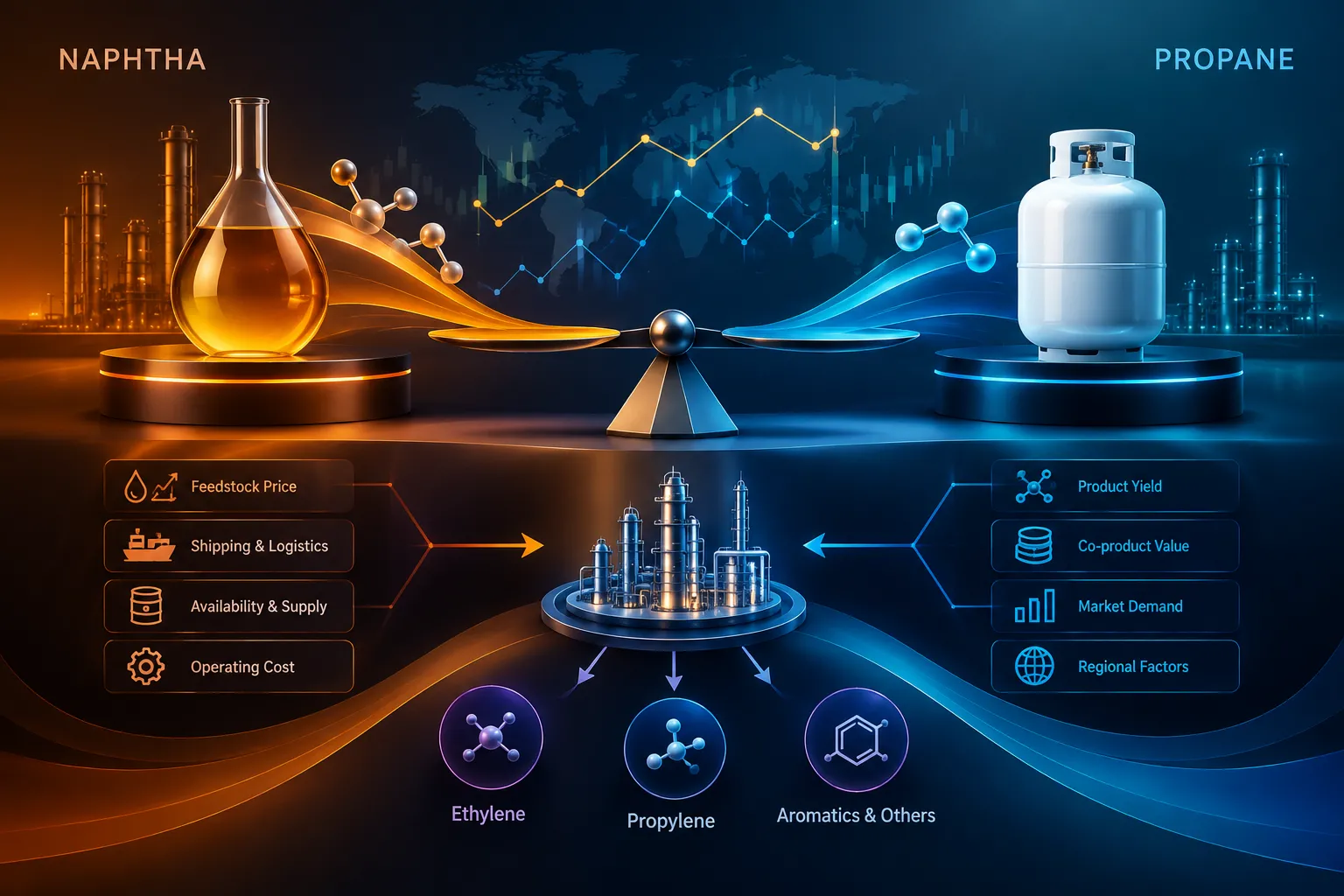 Petrochemical feedstock economics comparing naphtha and propane costs