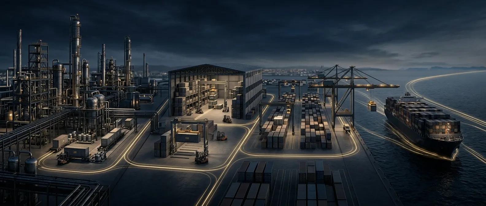 International solvent export supply chain from petrochemical production to final delivery