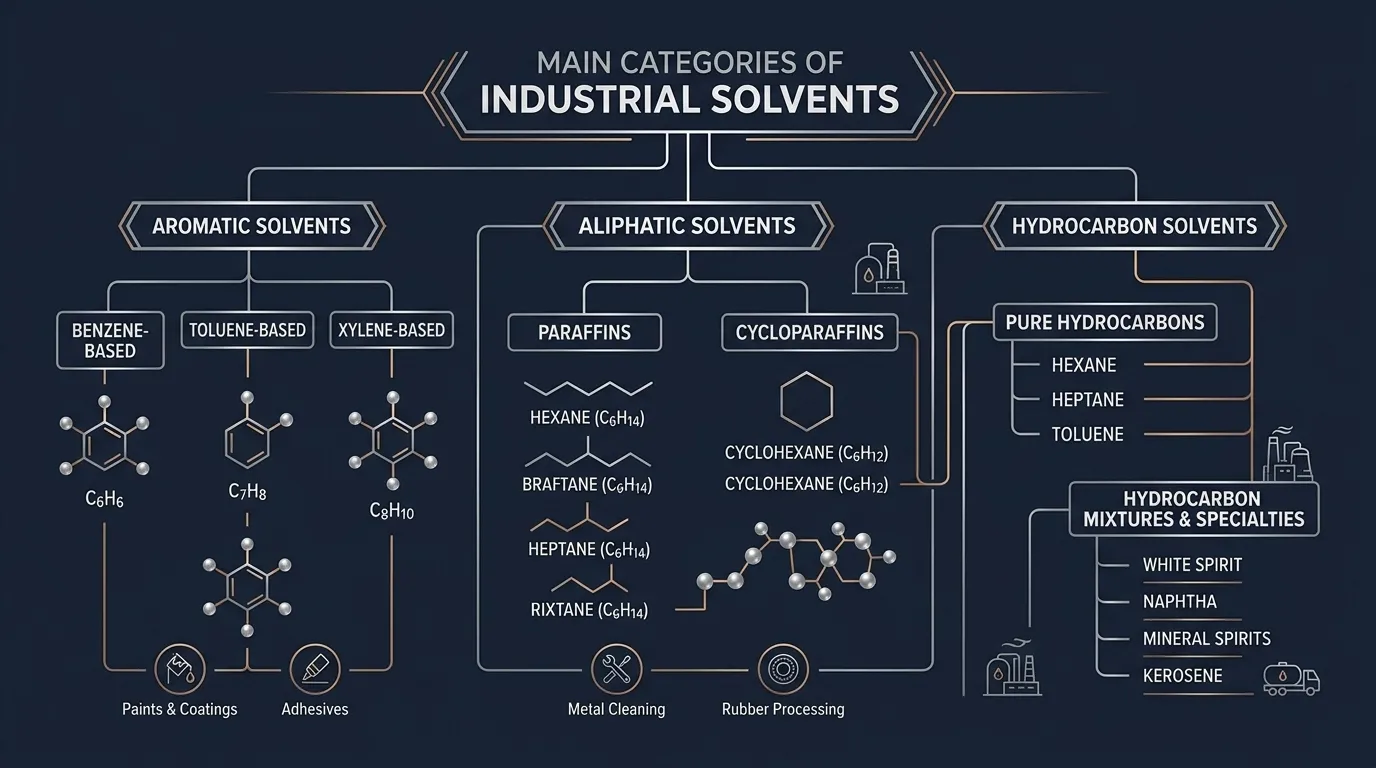 Classification of industrial solvents including aromatic aliphatic and hydrocarbon solvents